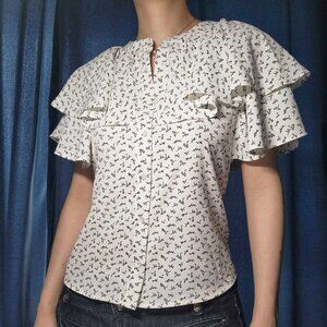 Japanese white ruffle big sleeved dainty floral pattern blouse for work